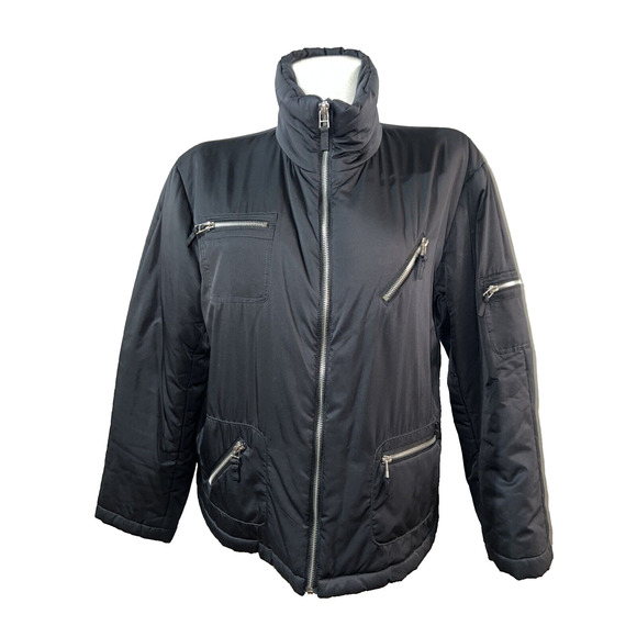 CHICO'S Jacket Size L (2) Black Polyester Puffer Zip Pocket Zippered Coat - Picture 2 of 7